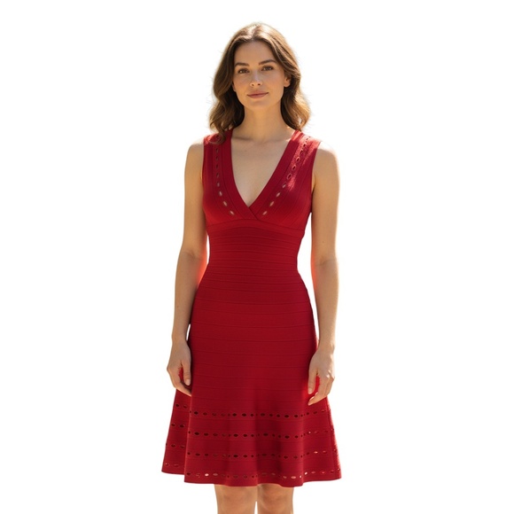 HERVE LEGER LIPSTICK RED KYRA FLARED STRETCH KNIT BANDAGE DRESS - Picture 5 of 5